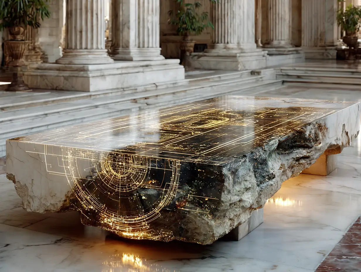 Black and white marble command table with glowing gold circuit-like pathways inside a classical institutional hall, representing digital infrastructure and operational control.