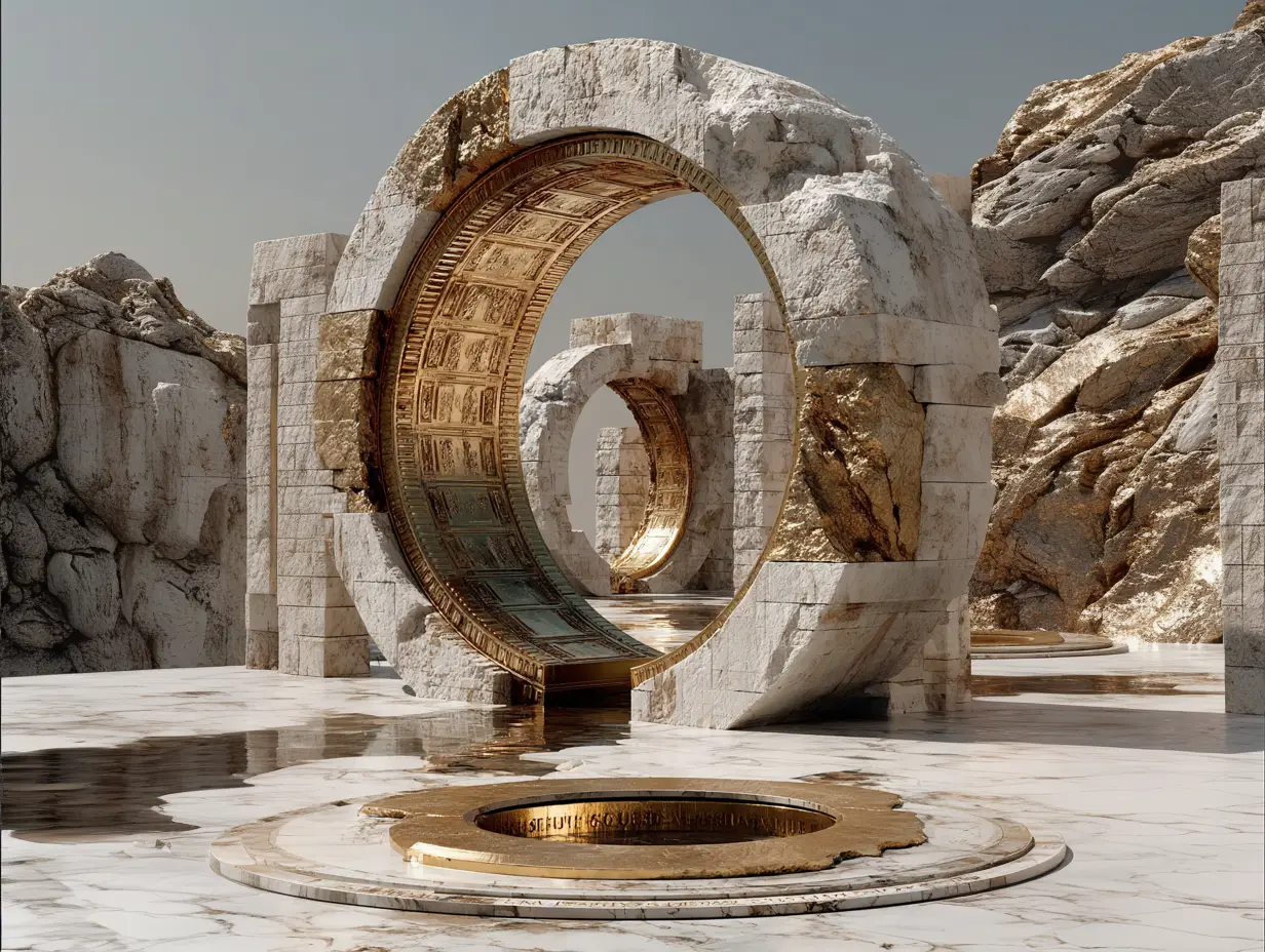 Circular marble and gold architectural structures arranged in sequence, symbolizing frameworks, systems, and continuity within London Enterprises LLC’s institutional model.