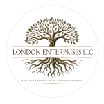 London Enterprises LLC emblem featuring a deeply rooted tree with broad branches, the company name, and the tagline “Rooted in Legacy. Built for Generations.”