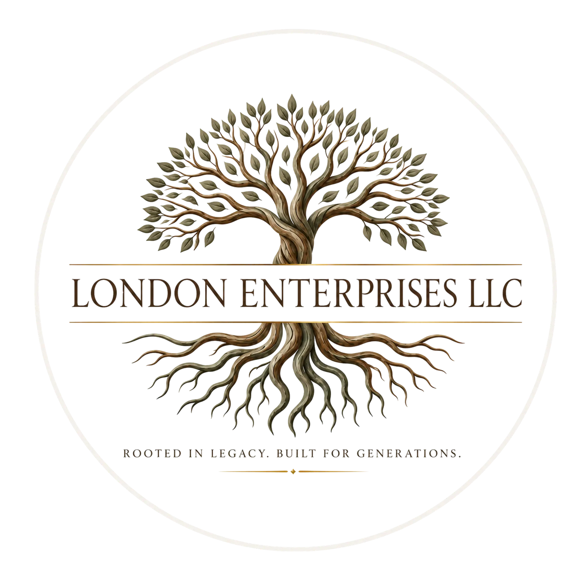 London Enterprises LLC emblem featuring a deeply rooted tree with broad branches, the company name, and the tagline “Rooted in Legacy. Built for Generations.”