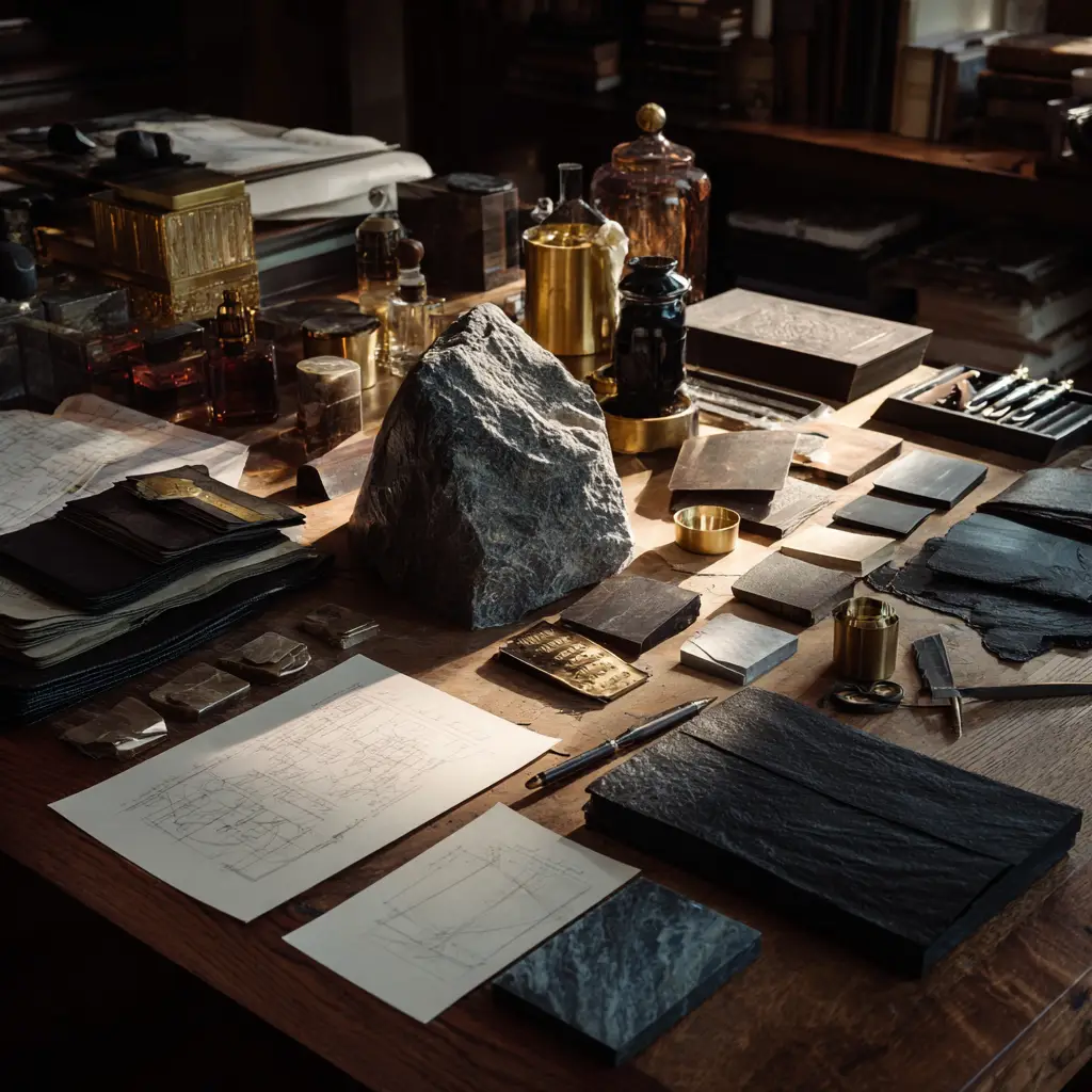 Artisan worktable with a large raw stone, material samples, sketches, brass vessels, tools, papers, and dark textured surfaces.