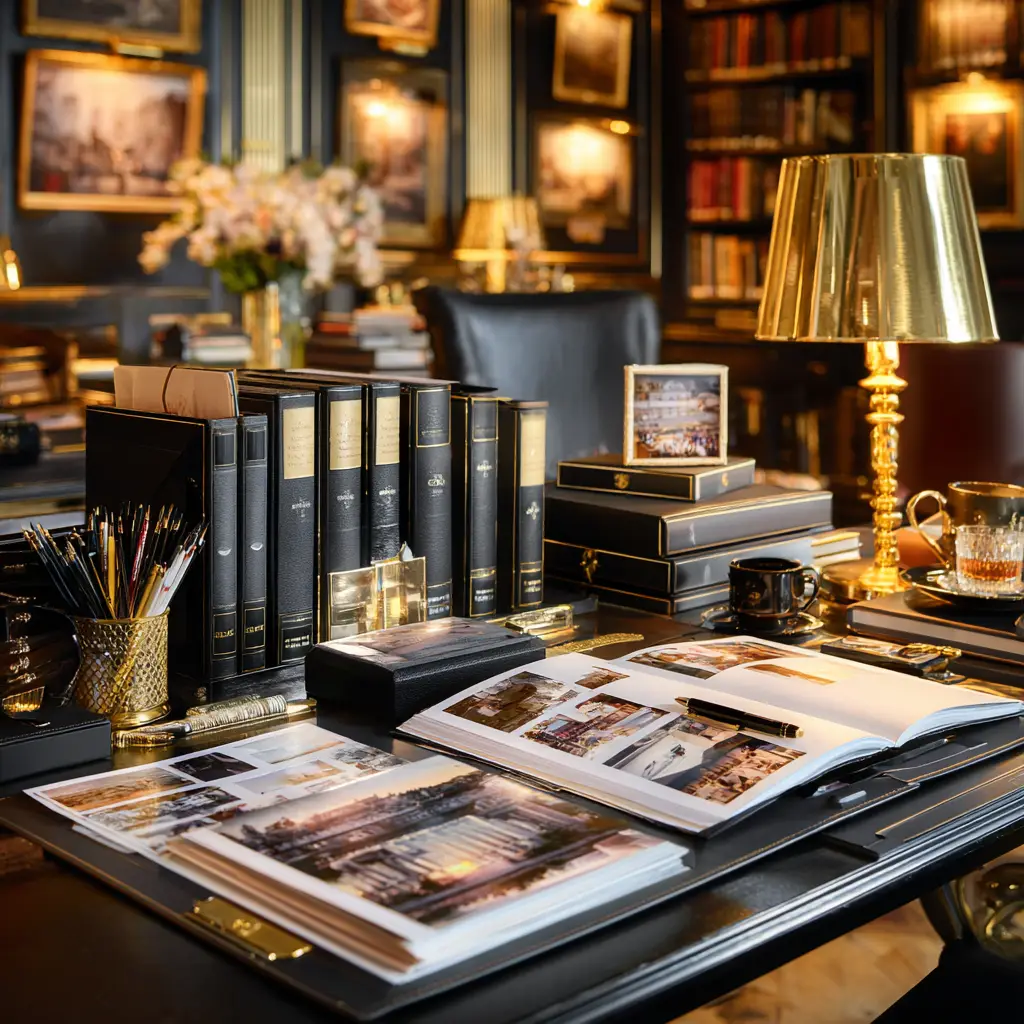 Elegant archival workspace with photo albums, bound volumes, image prints, framed photographs, storage boxes, pens, and a brass lamp in a library setting.