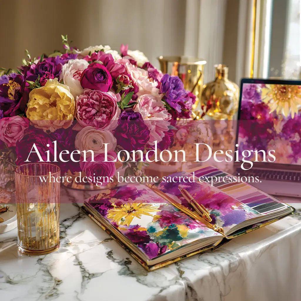 Vibrant floral arrangement beside an open illustrated design book, color references, gold vessels, and creative materials in a light-filled studio.