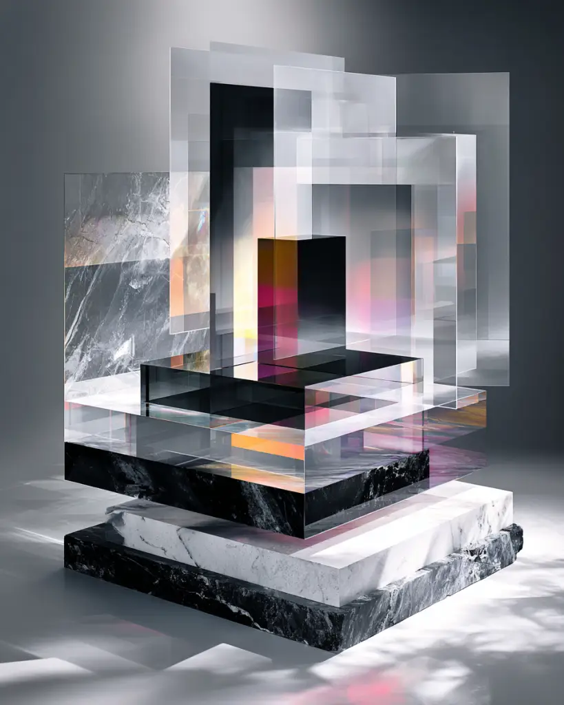 Transparent glass panels and dark geometric forms arranged on layered black-and-white stone platforms with controlled light passing through the structure.