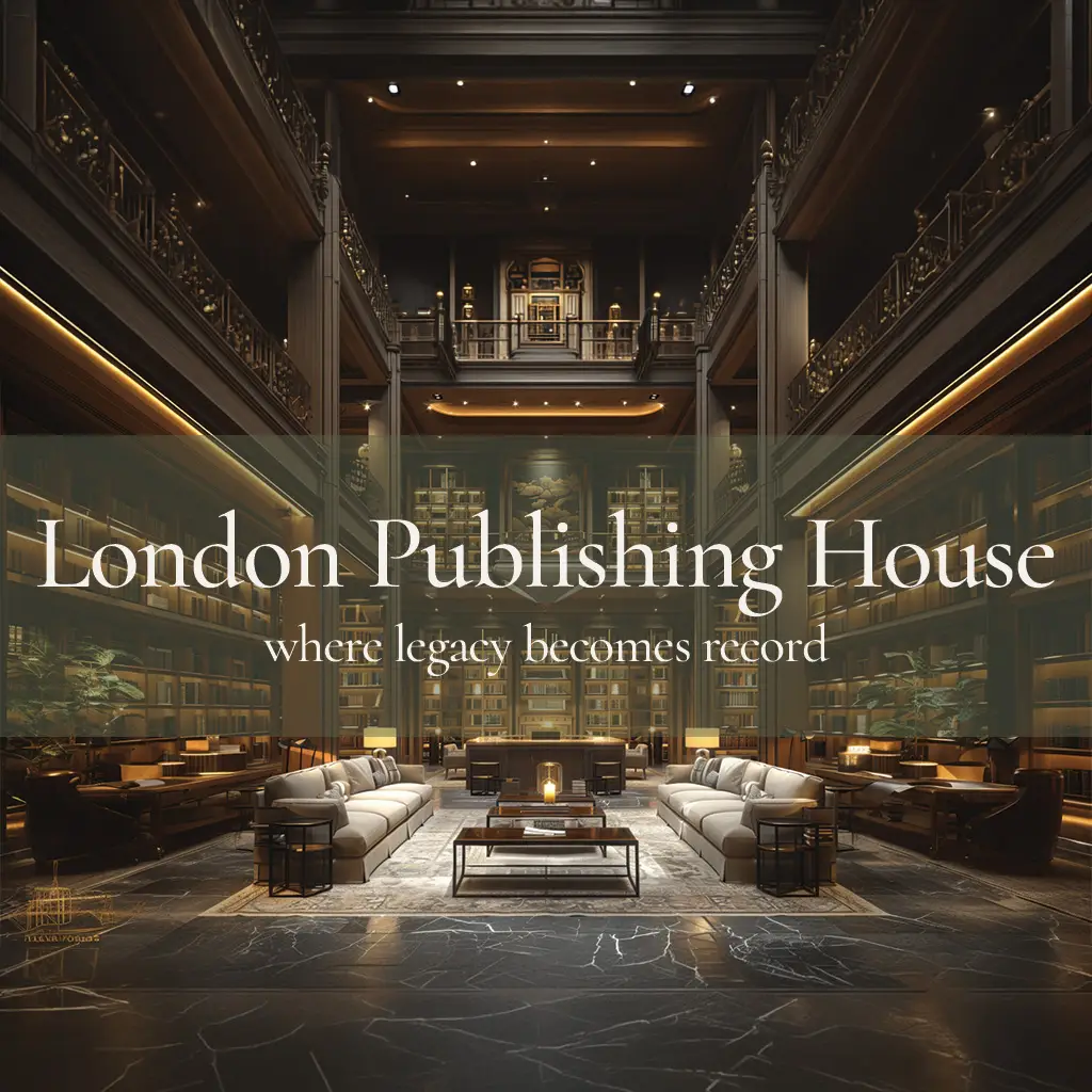 Grand dark wood library with floor-to-ceiling bookshelves, balconies, formal seating, and warm architectural lighting.