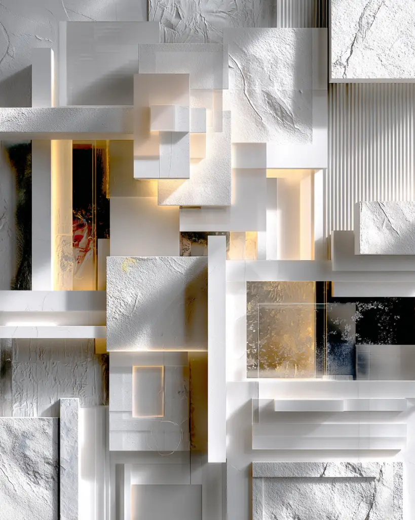 Layered architectural composition of white stone, translucent panels, and interconnected geometric forms illuminated by warm light.