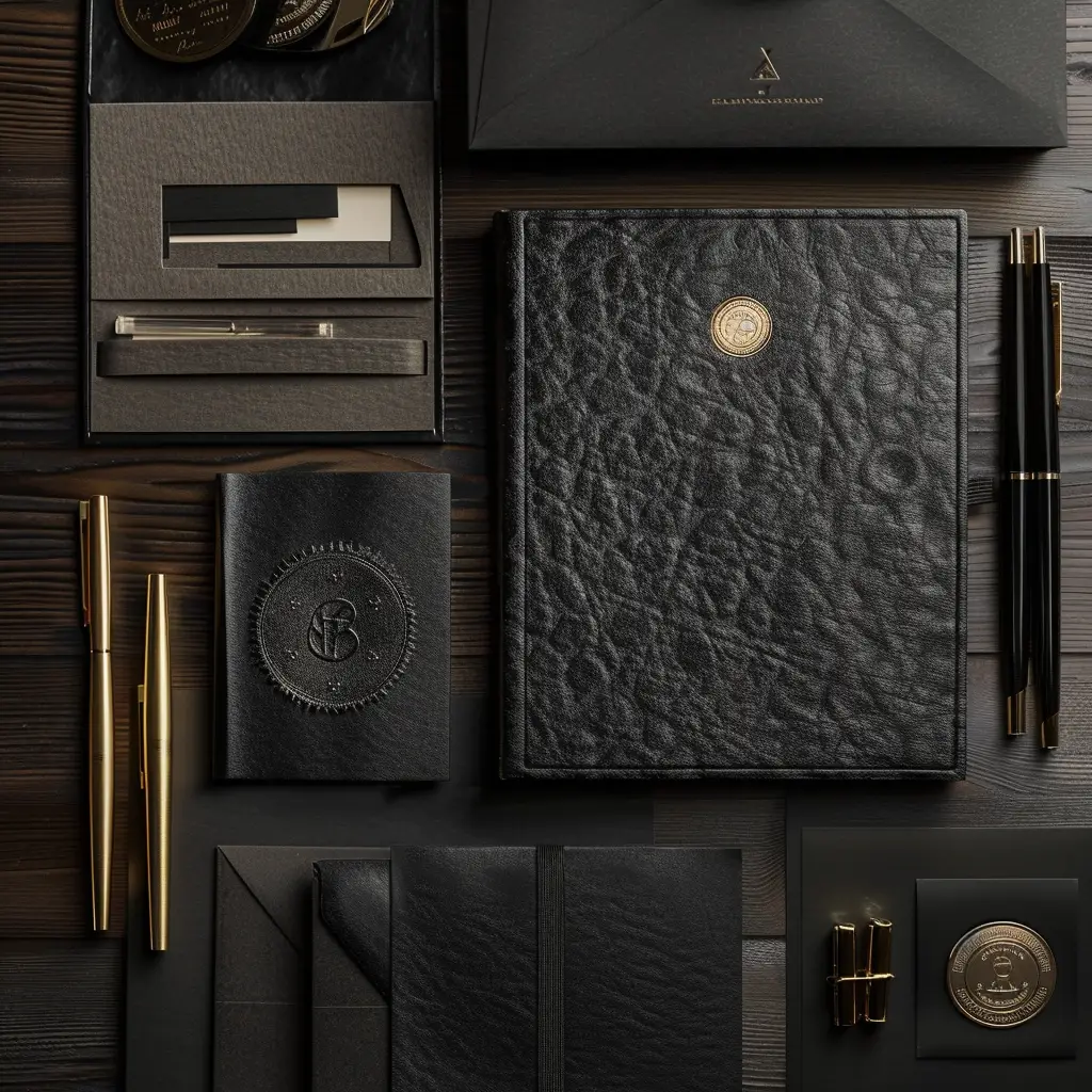 Black leather-bound brand materials, stationery, pens, envelopes, and embossed identity elements arranged on a dark wood surface.