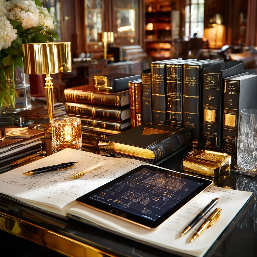 Luxury study with bound books, open notes, pens, and a tablet displaying a structured framework on a polished desk.