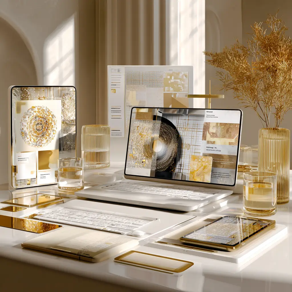 Refined digital workspace with laptop, tablet, interface layouts, planning boards, and organized design materials in a warm neutral setting.