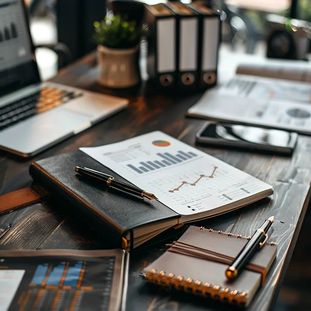 Executive workspace with financial charts, reports, notebooks, laptop, binders, and pens arranged on a dark wood desk.
