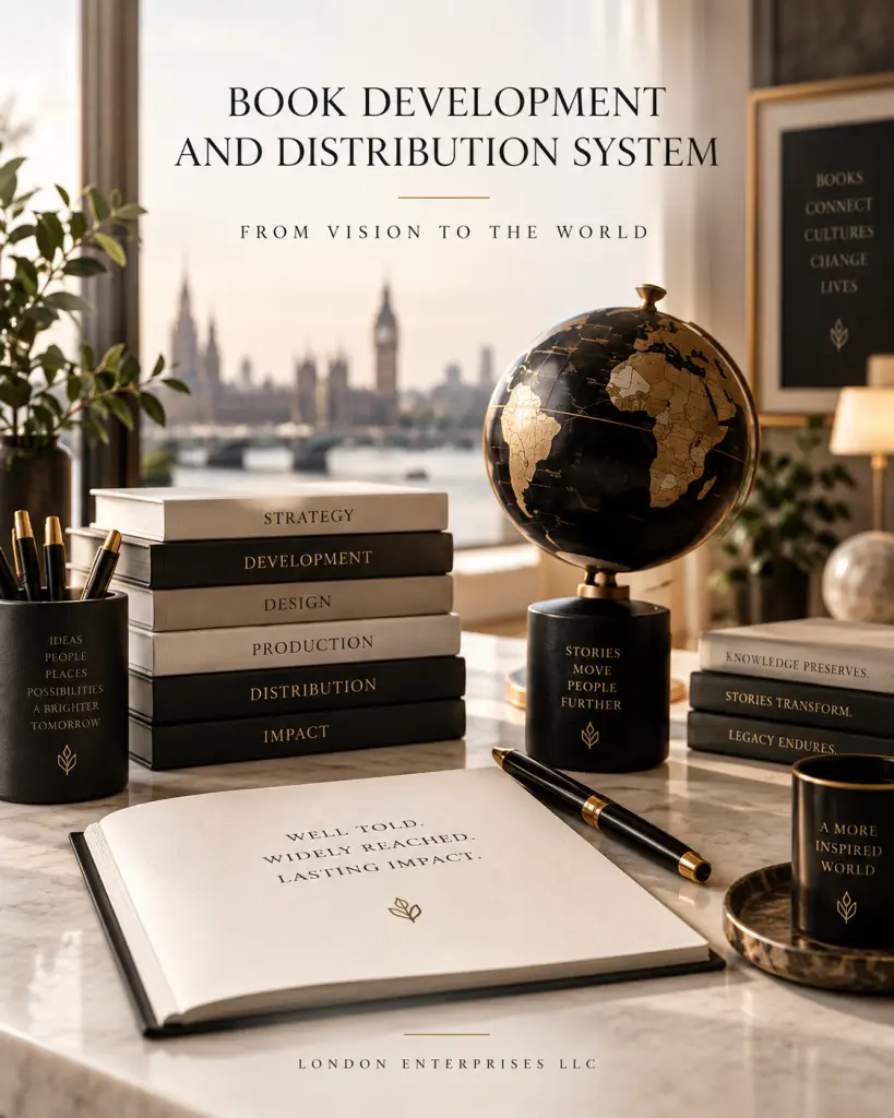 Editorial illustration titled “Book Development and Distribution System” featuring a black-and-gold globe, stacked books labeled Strategy, Development, Design, Production, Distribution, and Impact, an open book, pens, and a London skyline.