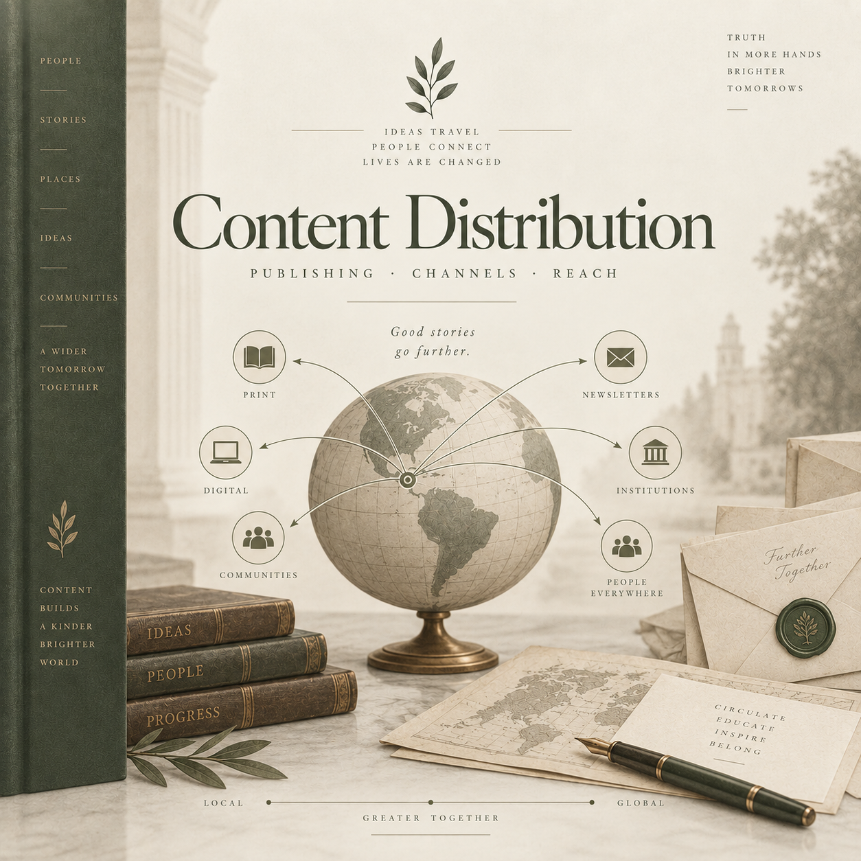 Editorial illustration titled “Content Distribution” featuring a vintage globe connected to print, digital, newsletter, institutional, community, and audience channels, surrounded by books, maps, and correspondence.