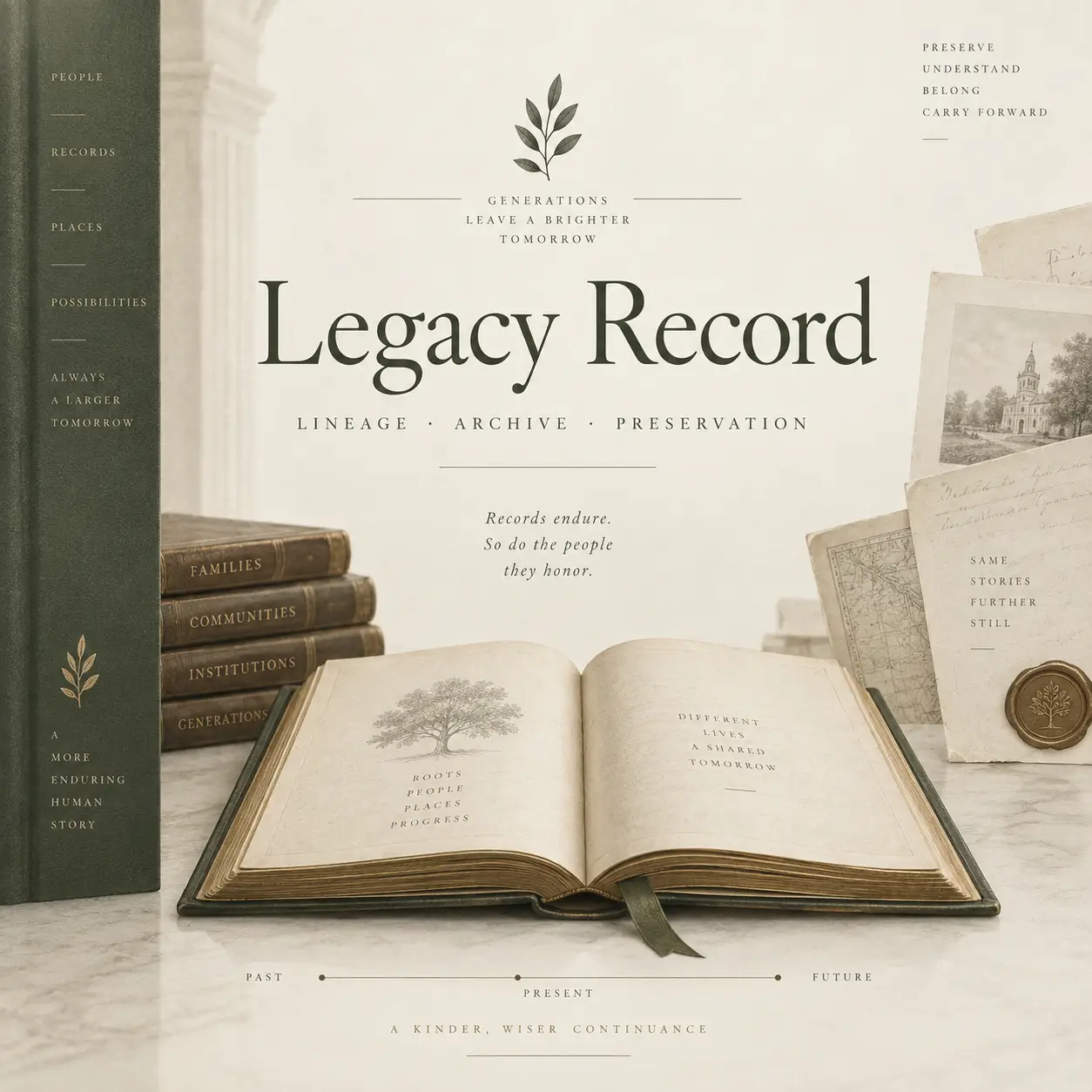 Editorial illustration titled “Legacy Record” featuring an open archival book, antique volumes, historical documents, maps, and a wax seal in an ivory and deep green palette.