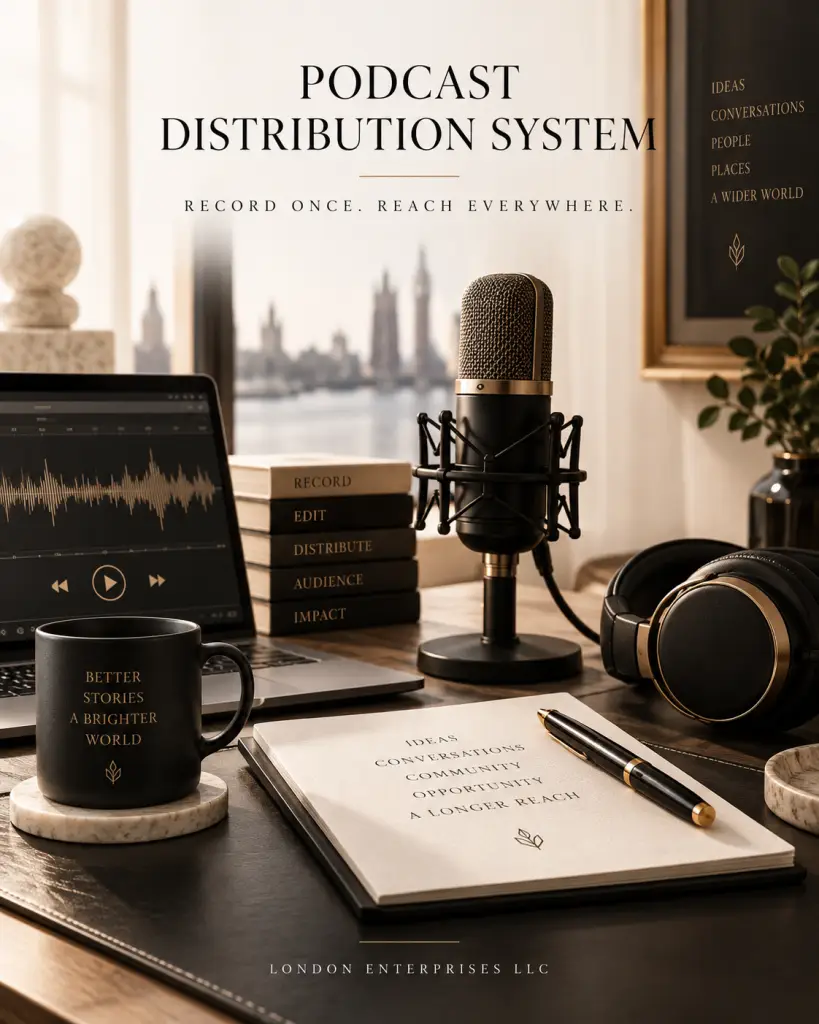 Editorial illustration titled “Podcast Distribution System” featuring a studio microphone, headphones, laptop with an audio waveform, books labeled Record, Edit, Distribute, Audience, and Impact, a notebook, mug, and London skyline.