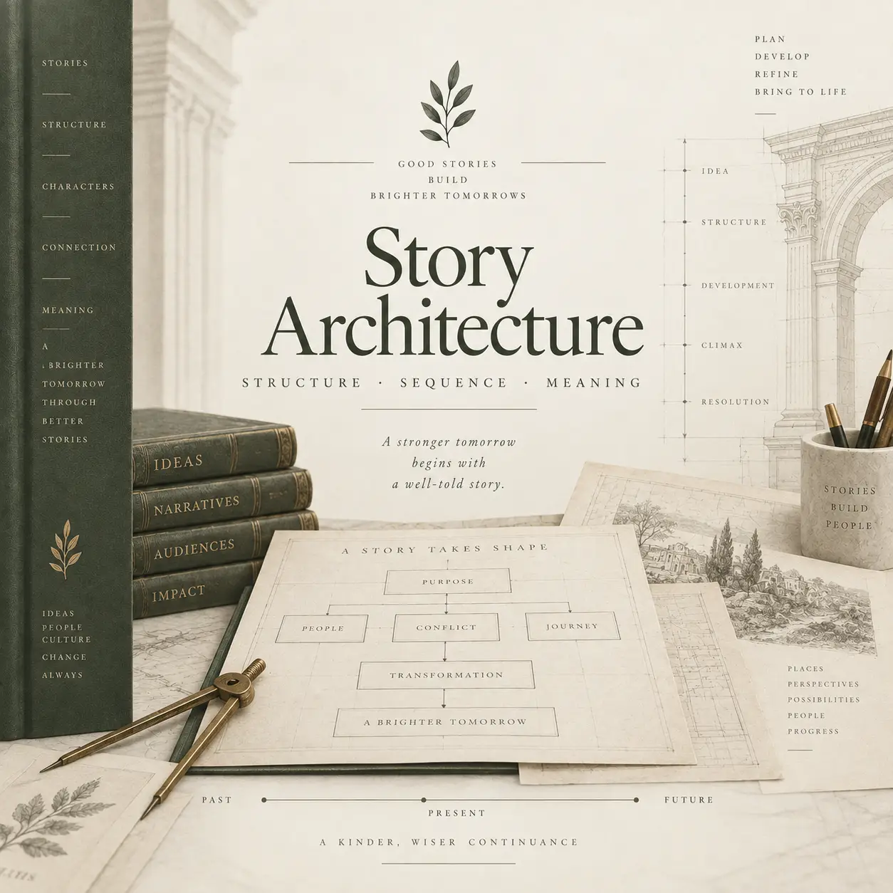 Editorial illustration titled “Story Architecture” showing books, architectural drawings, drafting tools, and a story-development diagram in an elegant ivory and dark green setting.