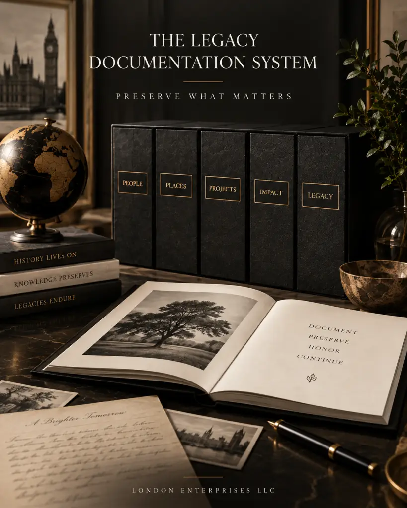 Editorial illustration titled “The Legacy Documentation System” showing five black archival binders labeled People, Places, Projects, Impact, and Legacy beside an open book, historical photographs, a globe, and handwritten documents.