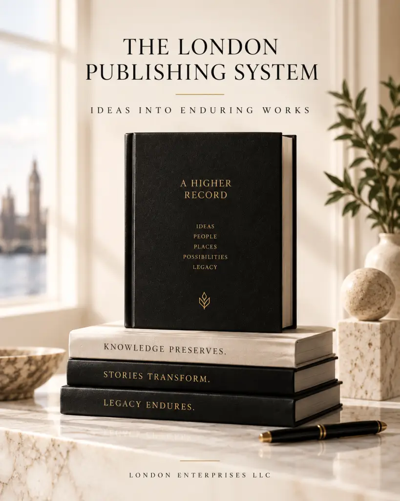 Editorial illustration titled “The London Publishing System” featuring a black book titled “A Higher Record” displayed above books reading Knowledge Preserves, Stories Transform, and Legacy Endures, with a pen and London skyline.