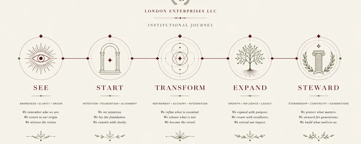 London Enterprises LLC Institutional Journey framework showing five stages: See, Start, Transform, Expand, and Steward.